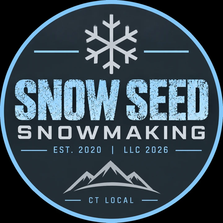 The Snow Seed Snowmaking badge: a snowflake over mountains, Est. 2020, LLC 2026, CT Local.