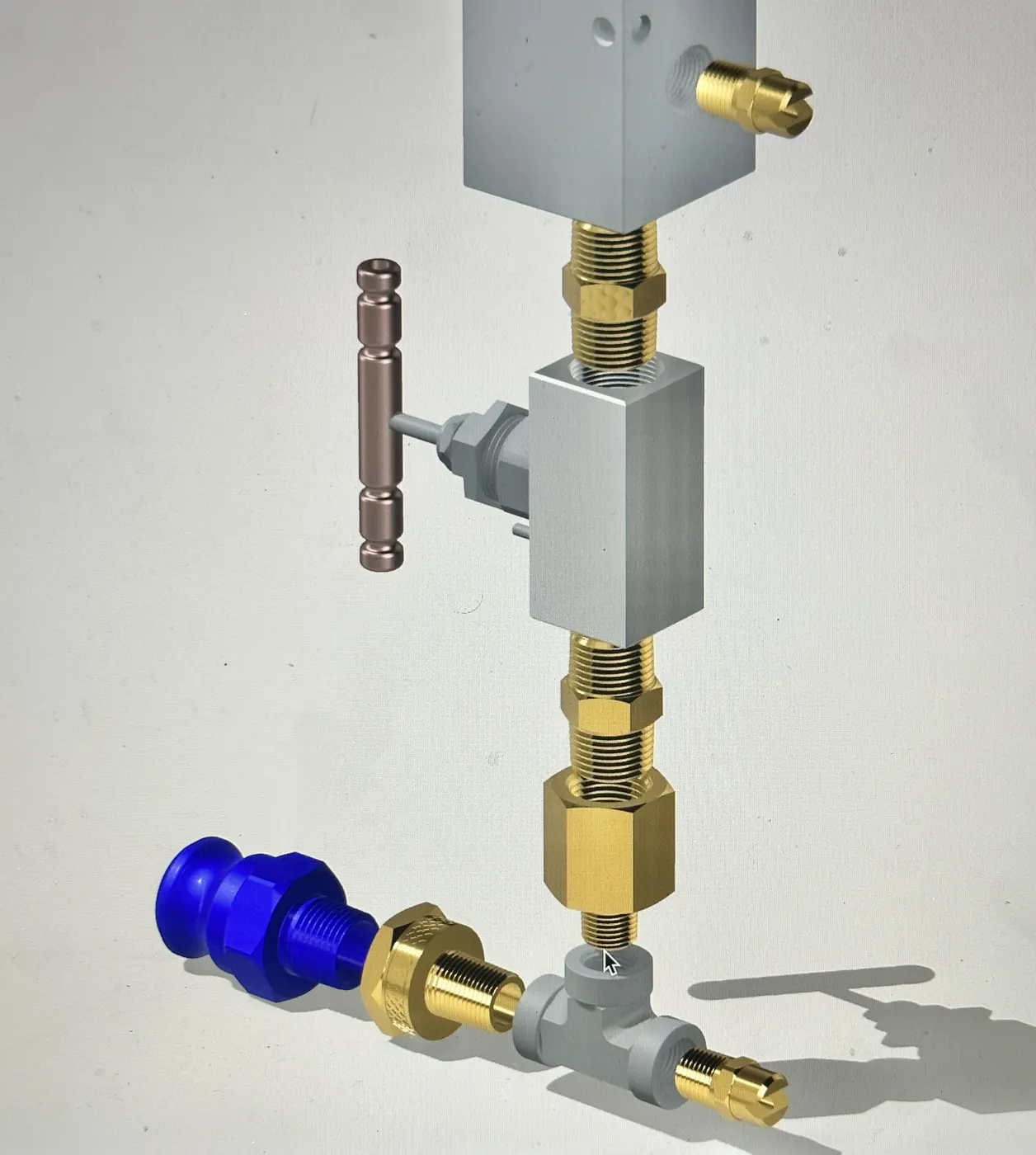 A 3D CAD model of a manifold with brass fittings and a blue handle.