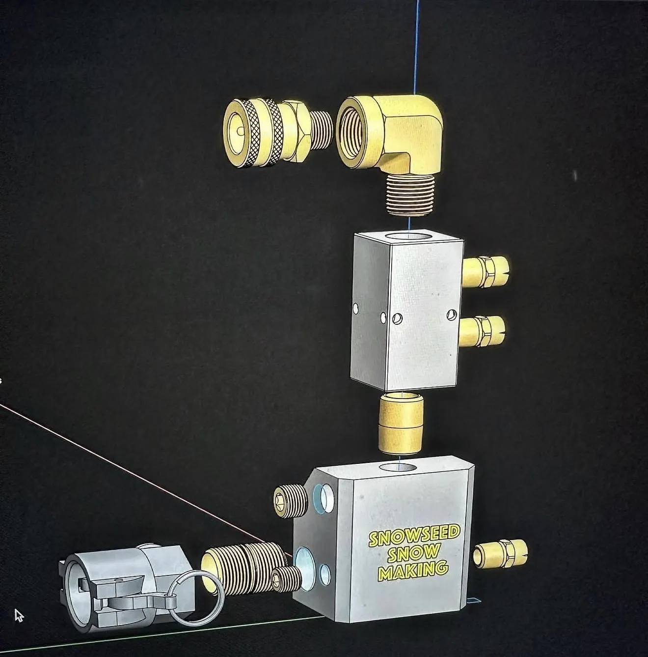 A 3D CAD model of stacked manifold blocks with brass fittings.