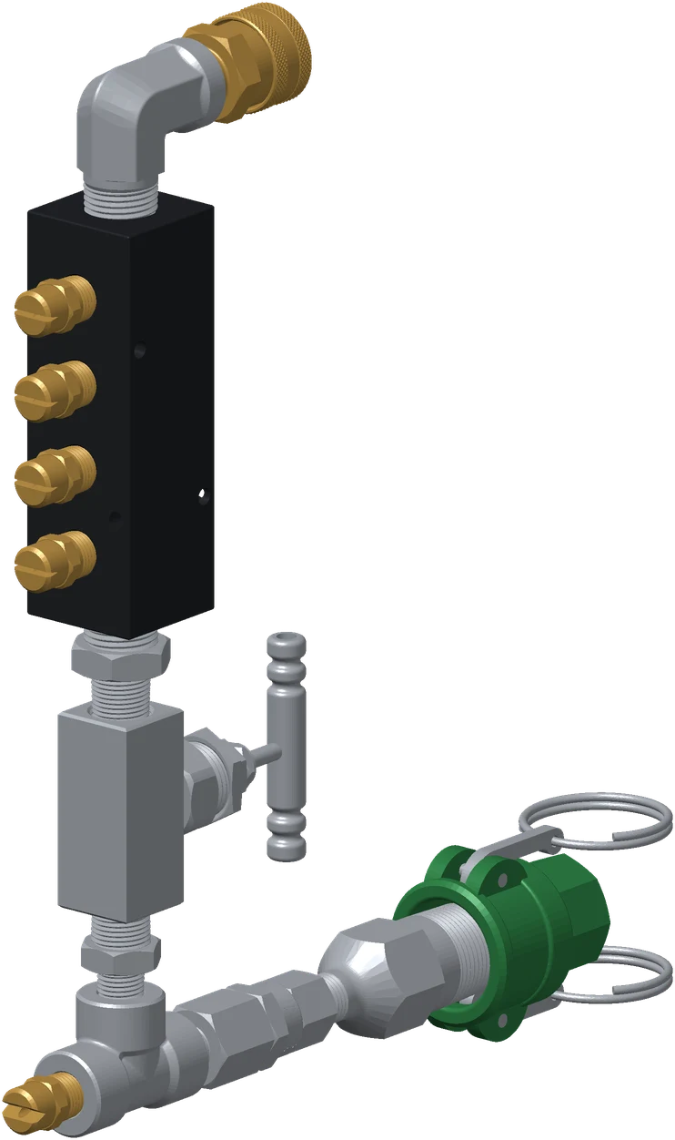 3D render of the assembled snowmaker: black manifold with four brass nozzles, a brass quick connect on top, and a needle valve, pipe tee, check valve and green camlock below
