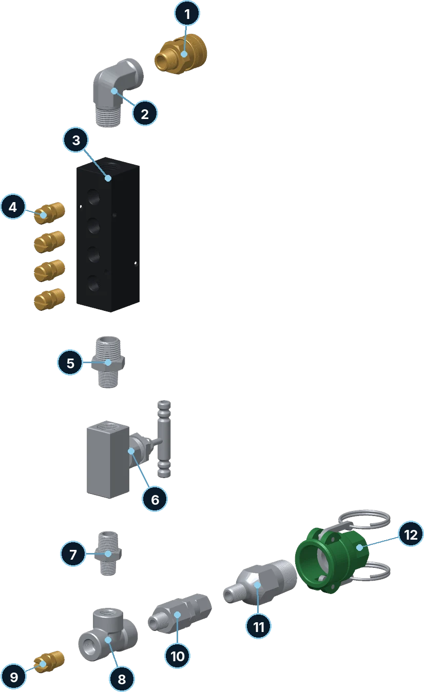 Exploded 3D view of the snowmaker with each part numbered to match the parts list