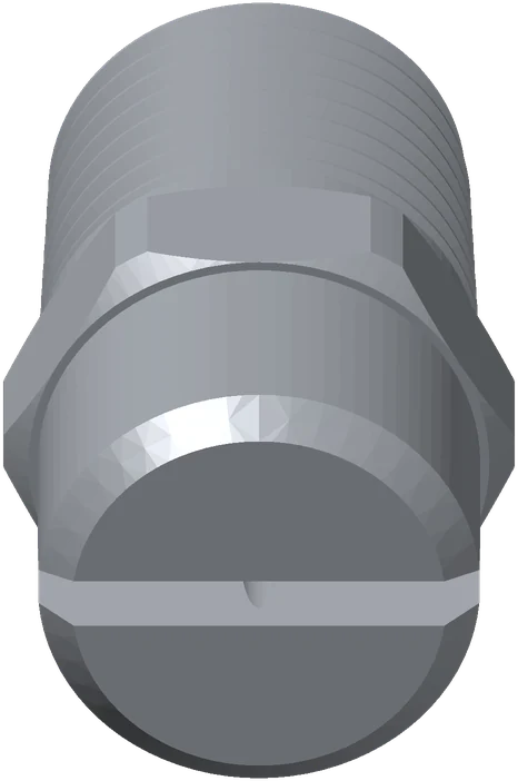 The same flat spray nozzle seen tip-on, showing the slot cut across the face.