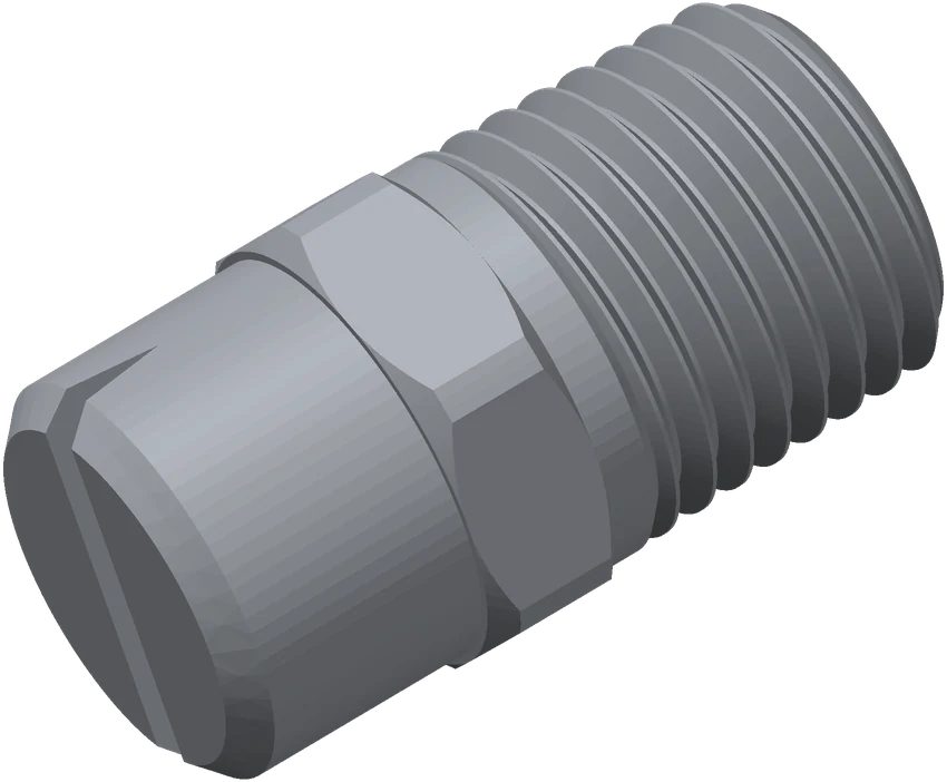 3D render of a flat spray nozzle: threaded inlet, hex body, and a slotted tip that shapes the spray into a flat fan.