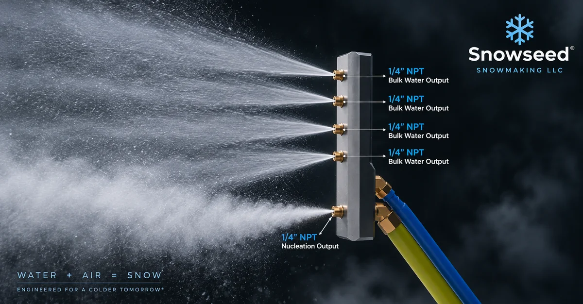 The Garnet AI1 running at night: four bulk water outlets throwing fans of atomized spray from brass nozzles, and the nucleation outlet firing a dense plume. Water plus air equals snow.