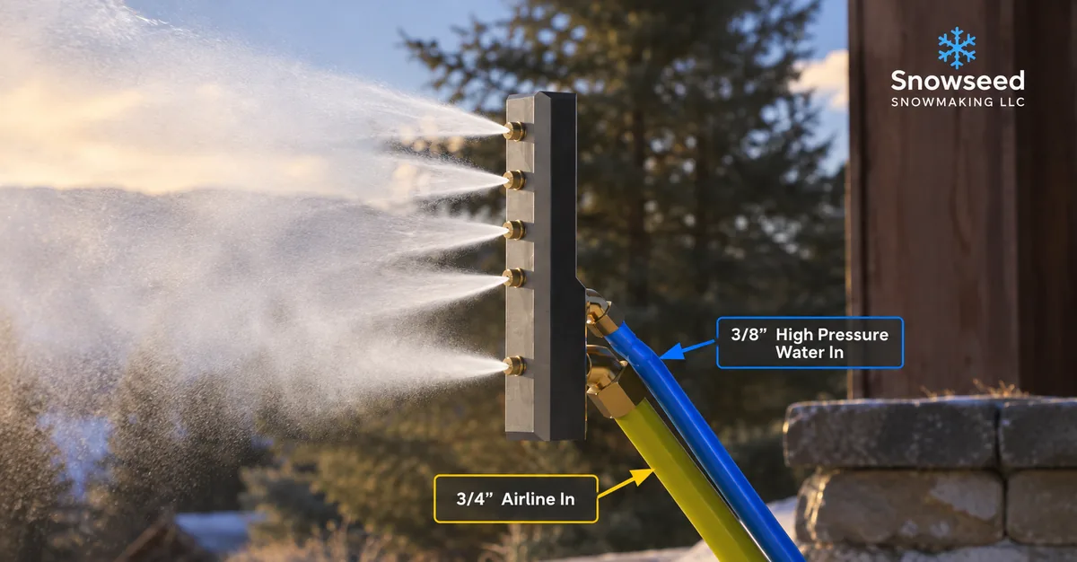 The Garnet AI1 running in a back garden at dusk, throwing five fans of atomized spray
    over snow-covered ground, fed by a blue high pressure water line and a yellow air line.